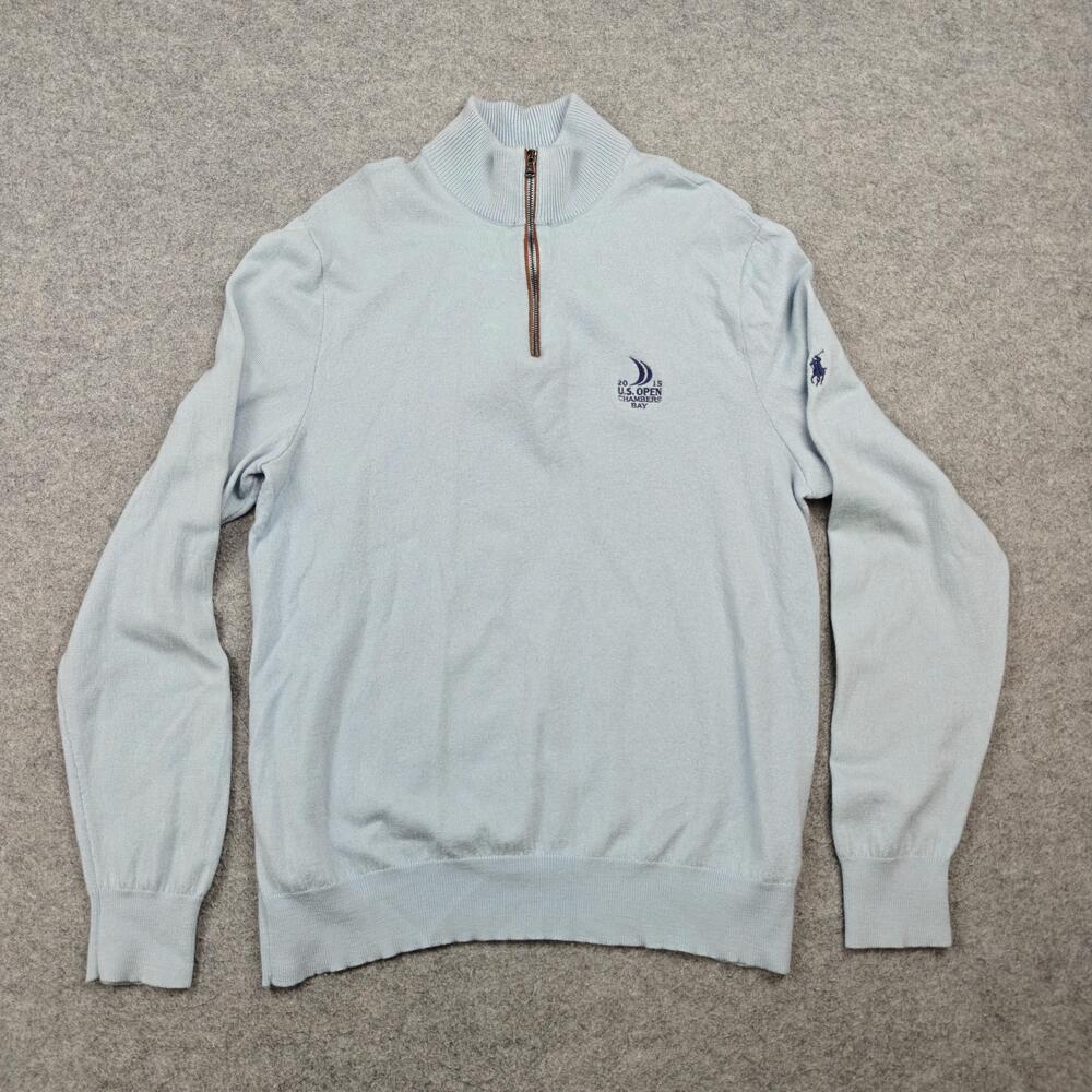 Polo Golf Ralph Lauren Sweater Mens Large Light Blue Merino 1/4 Zip US Open 2015
